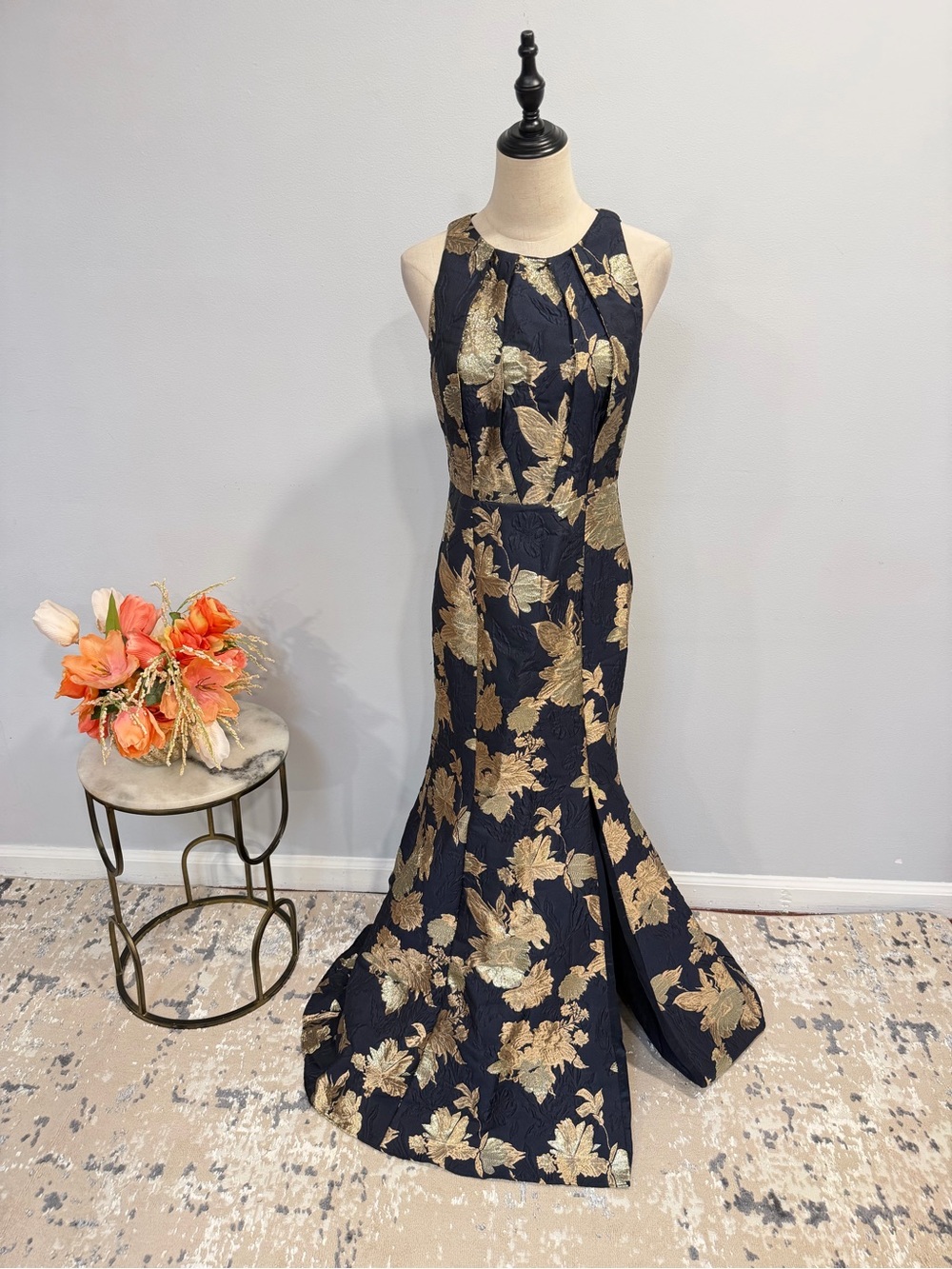 AIDAN MATTOX Elegant Navy and Gold Floral Metallic Sleeveless Evening Gown